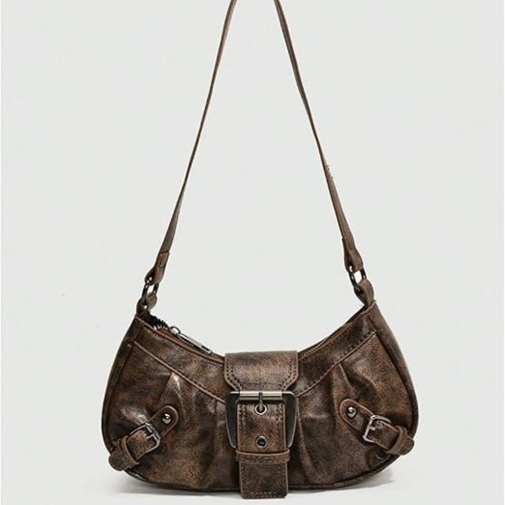 Women Buckle Western Vintage Hobo Pu Leather Handbags with Coin Purse-Brown